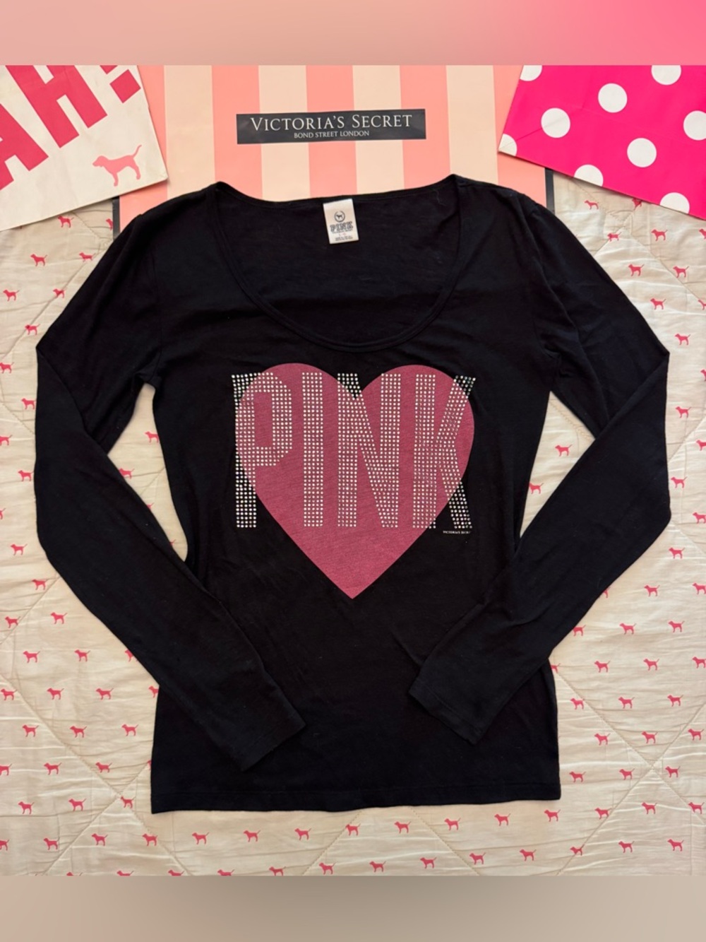 VS PINK VINTAGE Y2K LONG SLEEVE SCOOP NECK TEE SHIRT BLACK HEART BLING NWOT LG